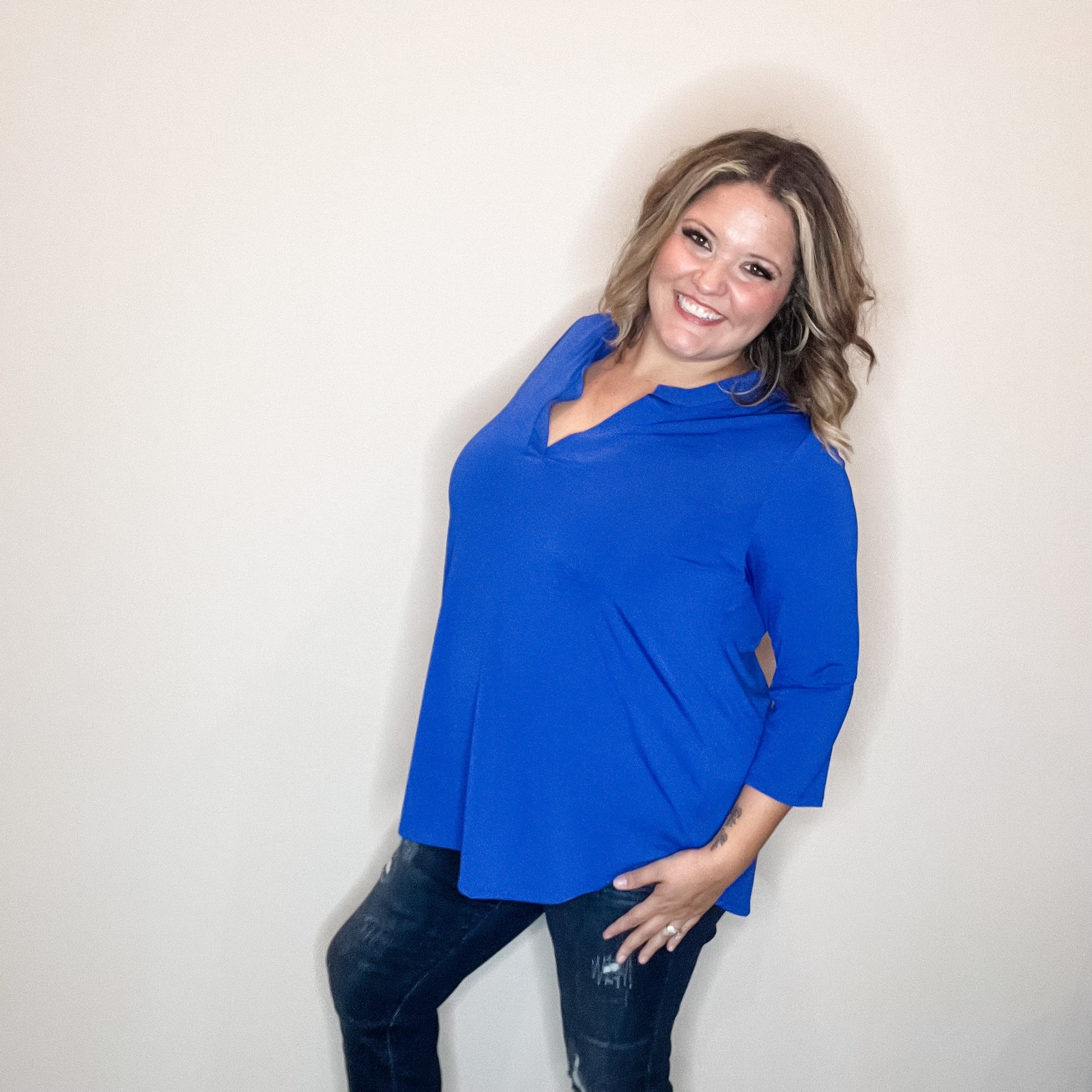 "Oh We Did" 3/4 Sleeve Split Neck (Royal Blue)