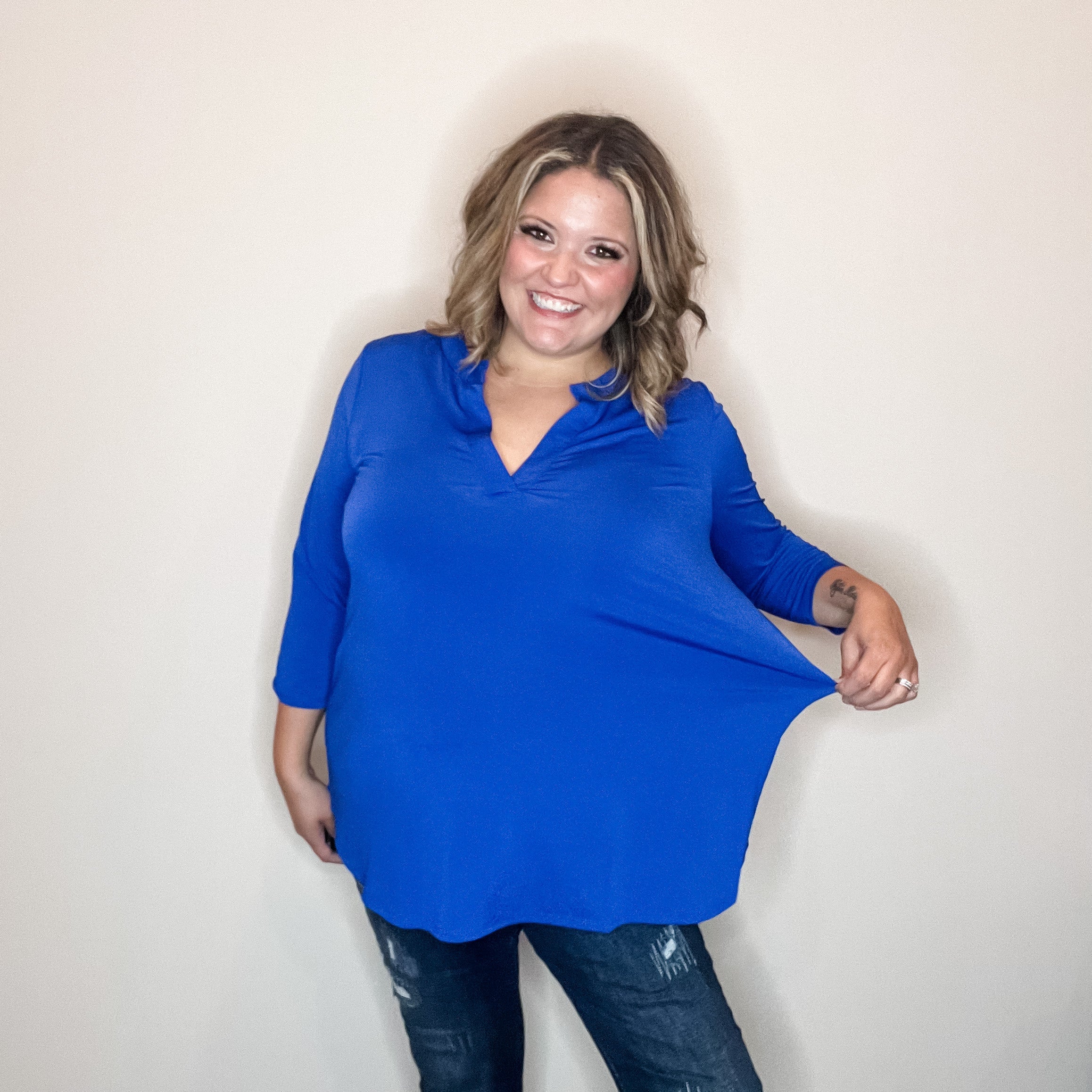 "Oh We Did" 3/4 Sleeve Split Neck (Royal Blue)-Lola Monroe Boutique