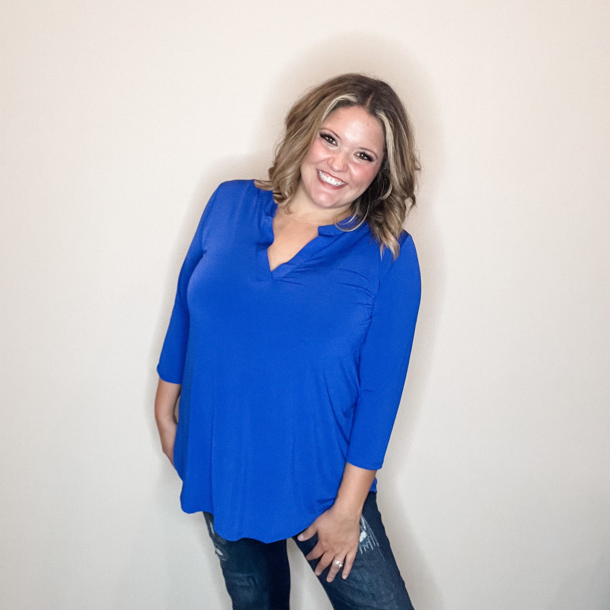 "Oh We Did" 3/4 Sleeve Split Neck (Royal Blue)
