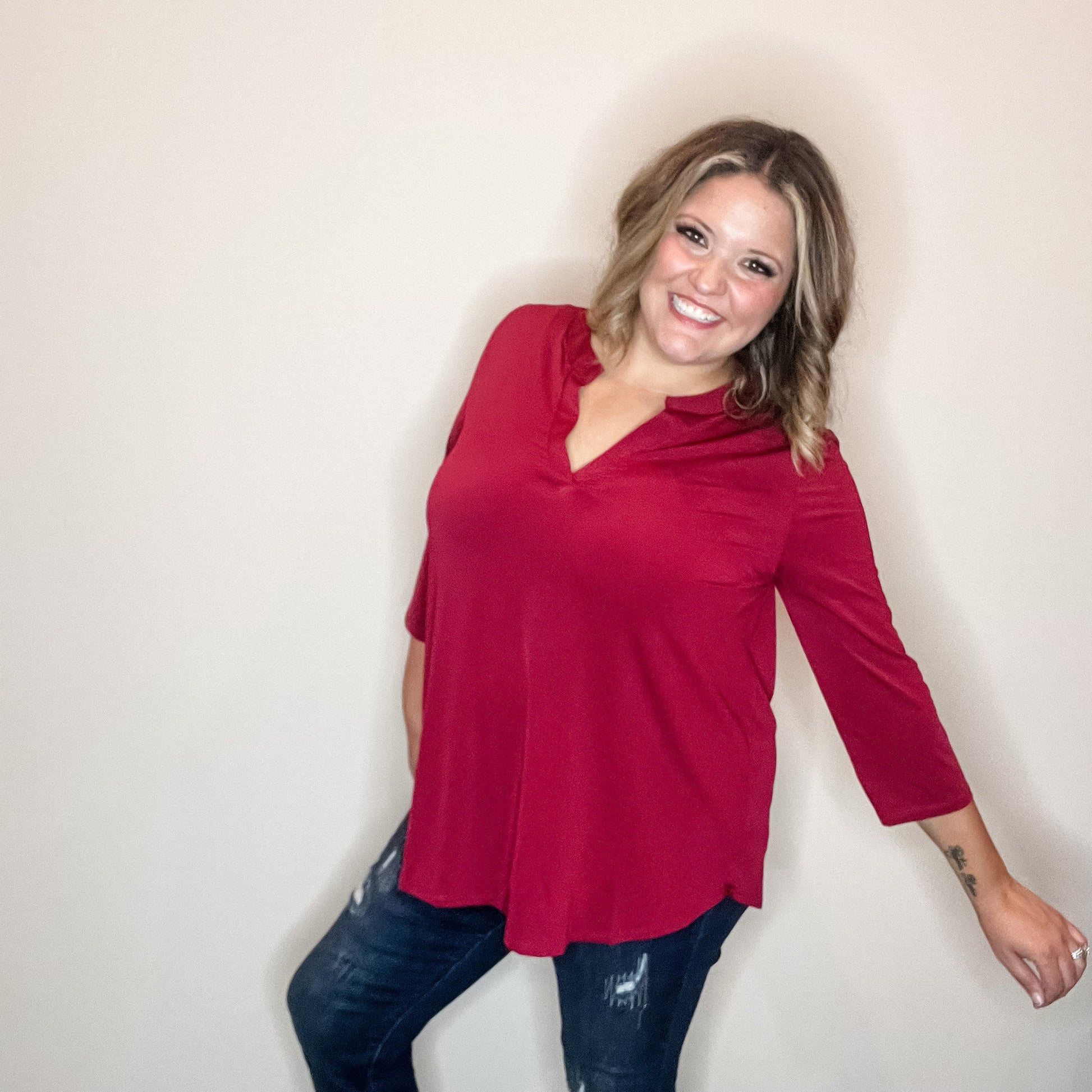 "Oh We Did" 3/4 Sleeve Split Neck (Ruby)