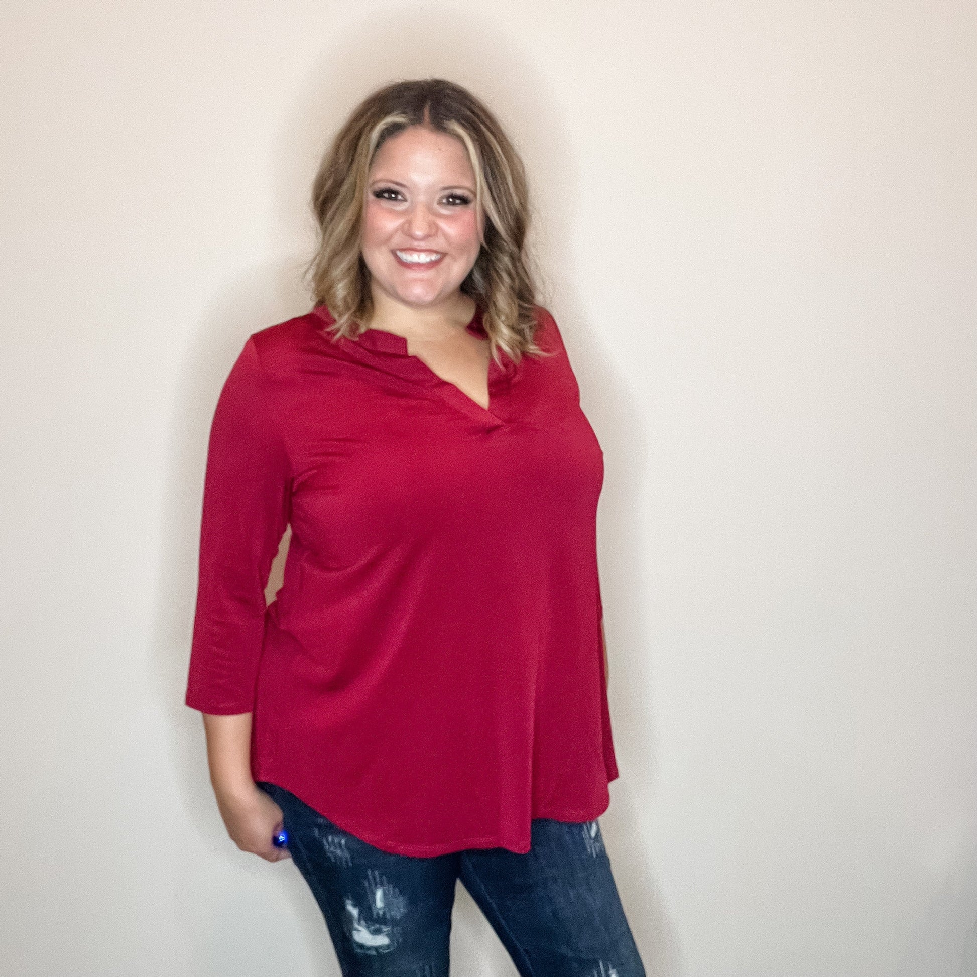 "Oh We Did" 3/4 Sleeve Split Neck (Ruby)