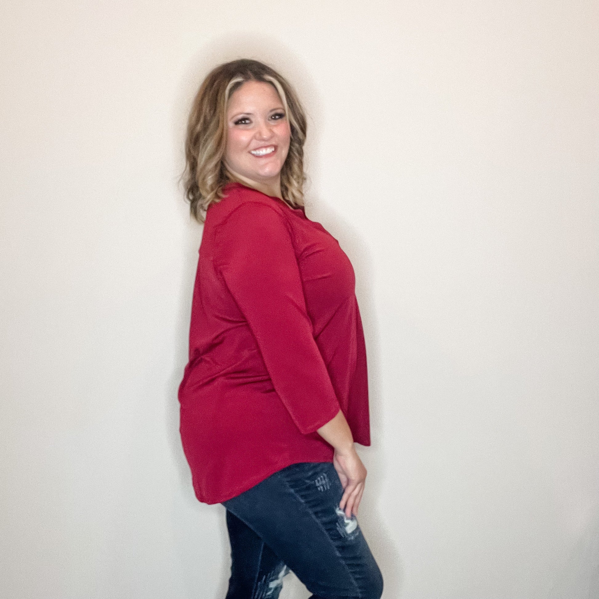 "Oh We Did" 3/4 Sleeve Split Neck (Ruby)