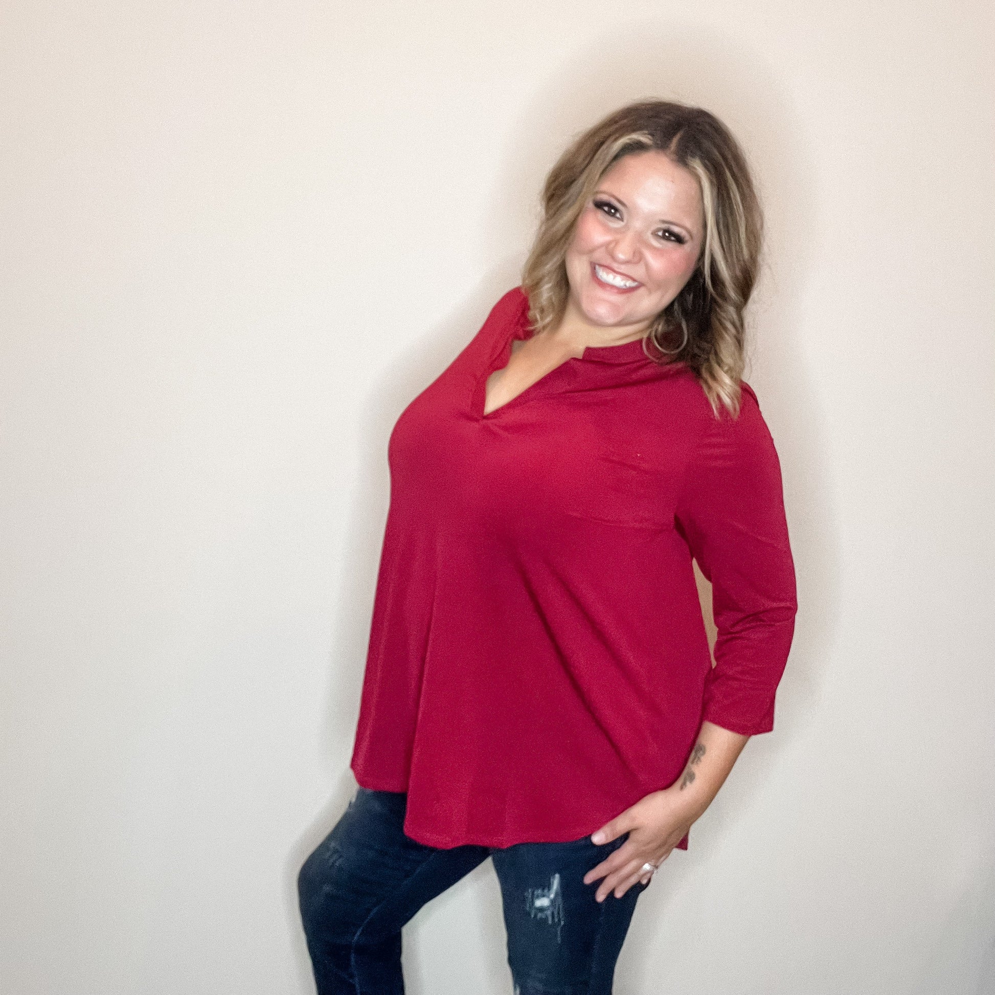 "Oh We Did" 3/4 Sleeve Split Neck (Ruby)