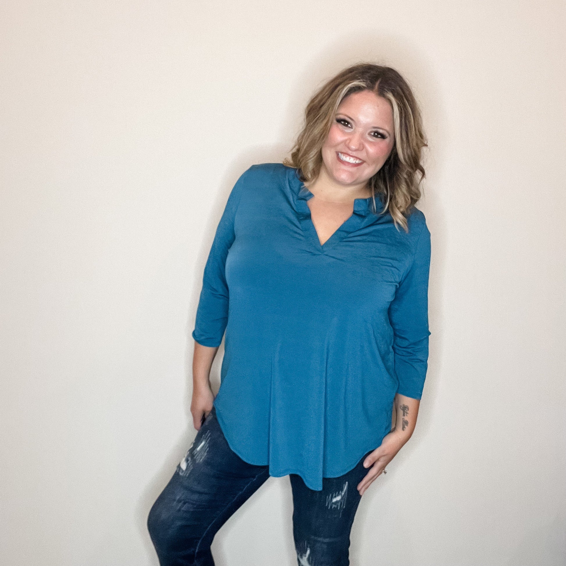 "Oh We Did" 3/4 Sleeve Split Neck (Teal)