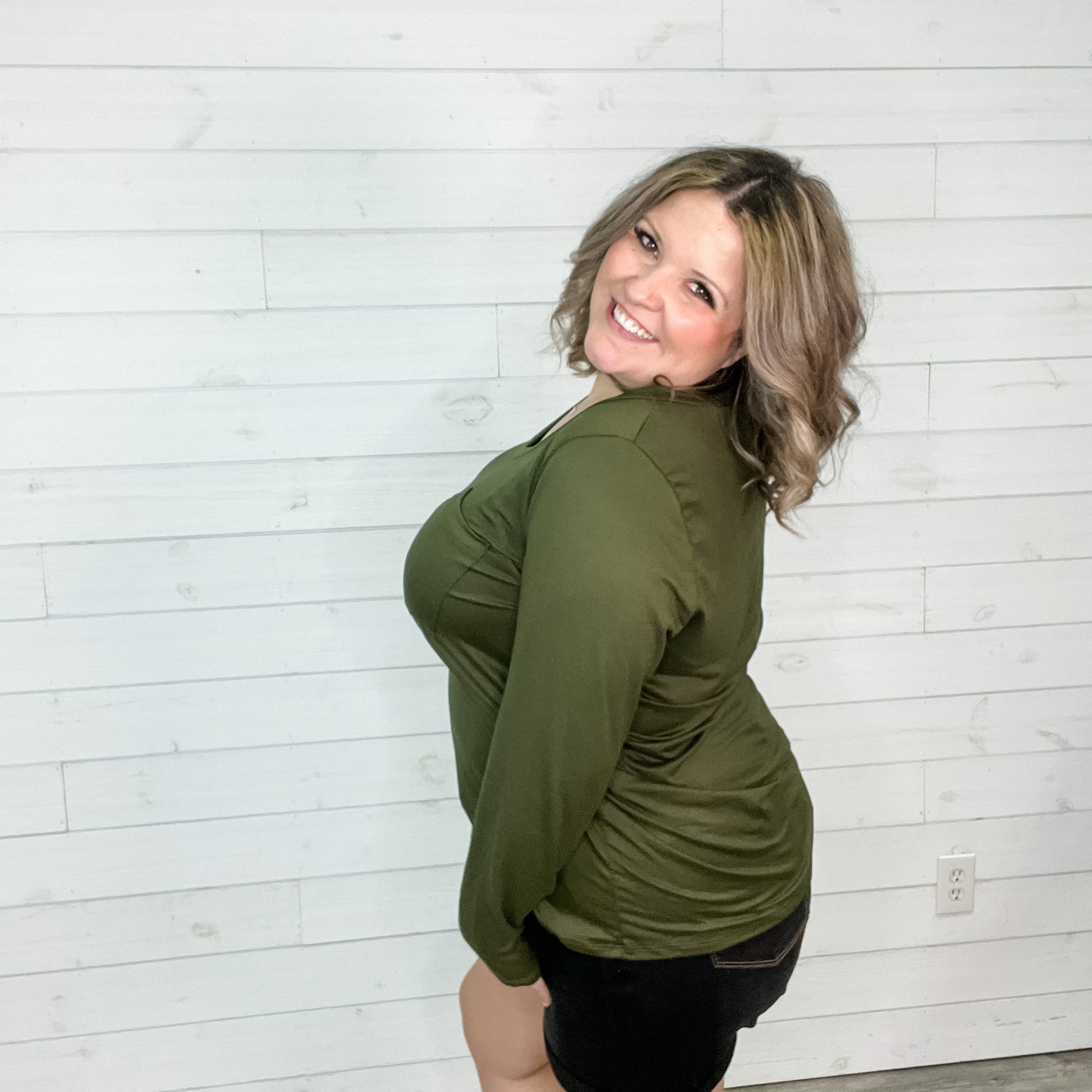 "Olive The Above" Long Sleeve V Neck-Lola Monroe Boutique