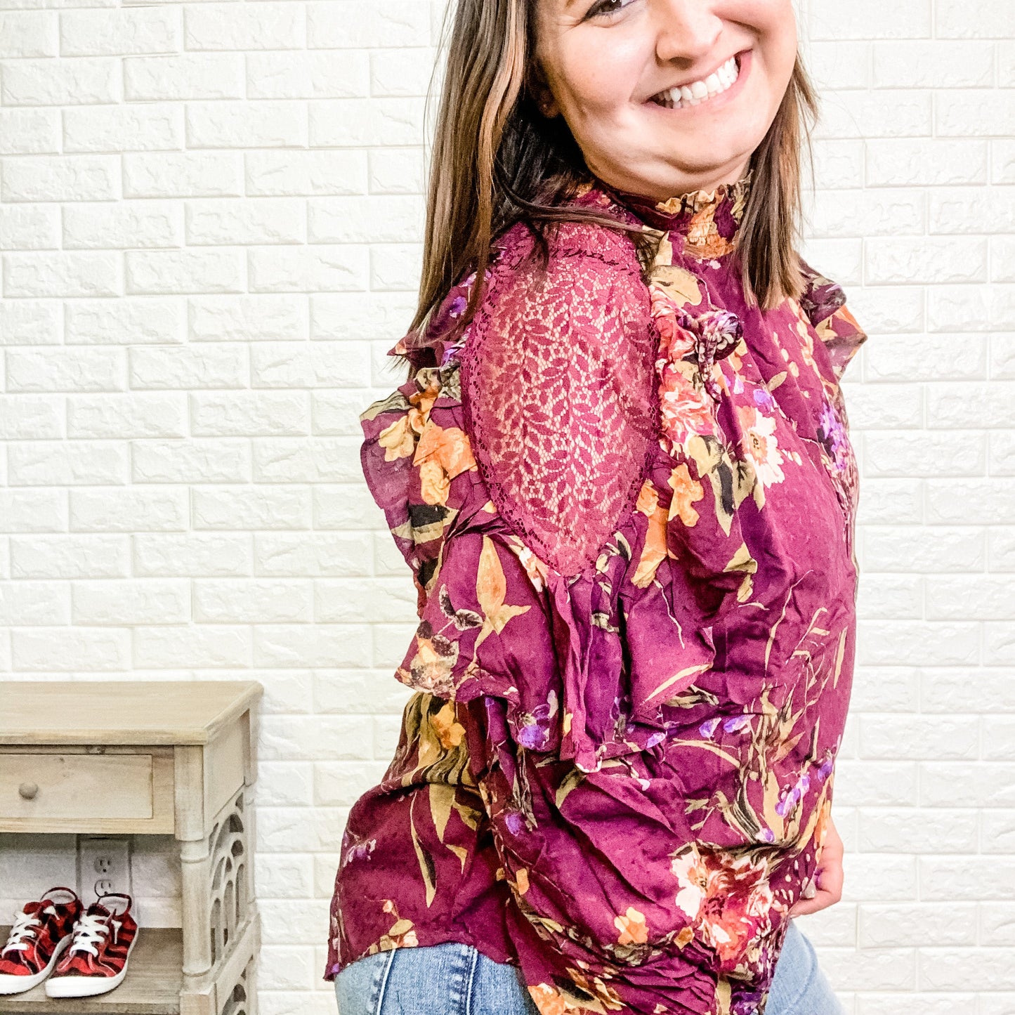 "On A Whim" Blouse with Lace Shoulder Detail