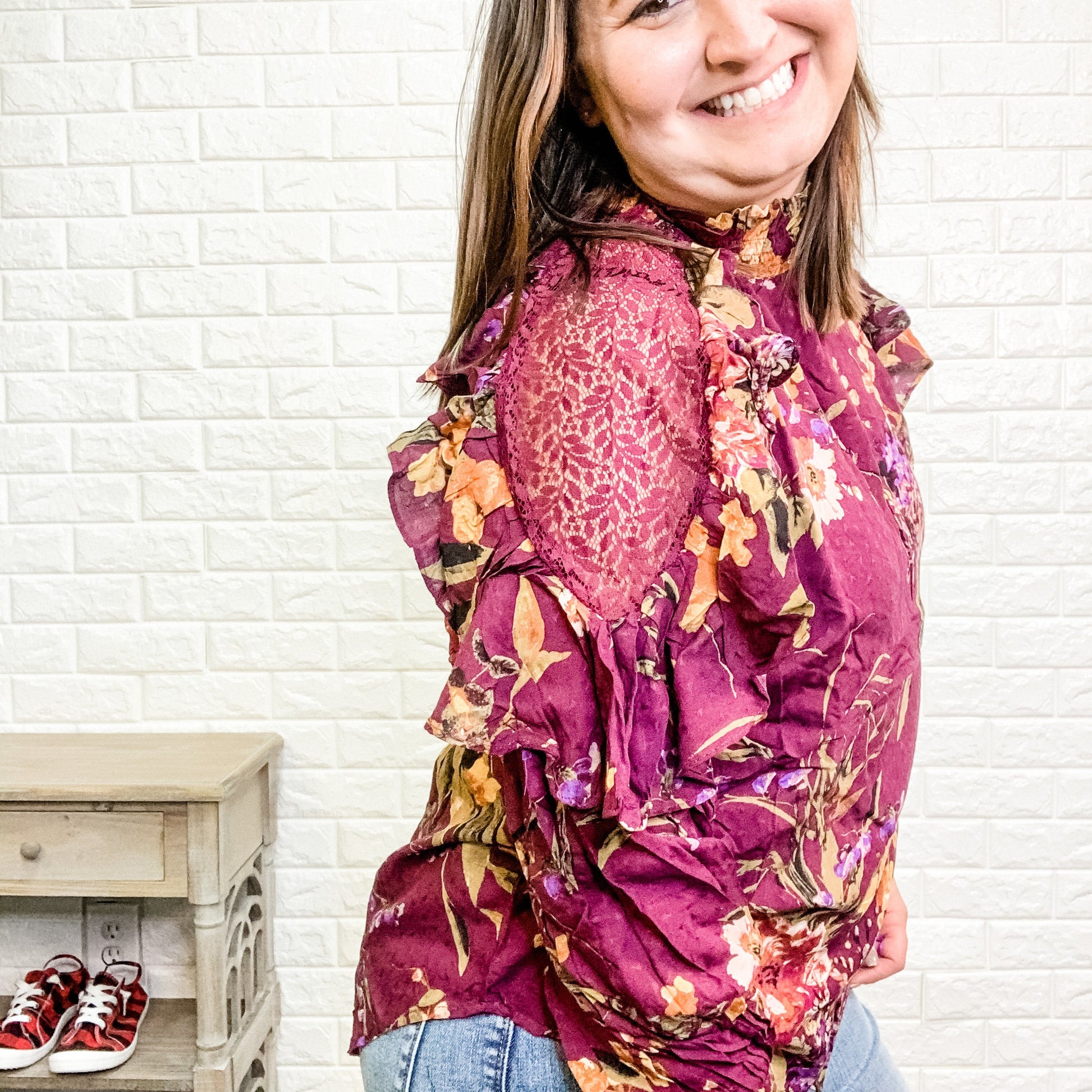 "On A Whim" Blouse with Lace Shoulder Detail