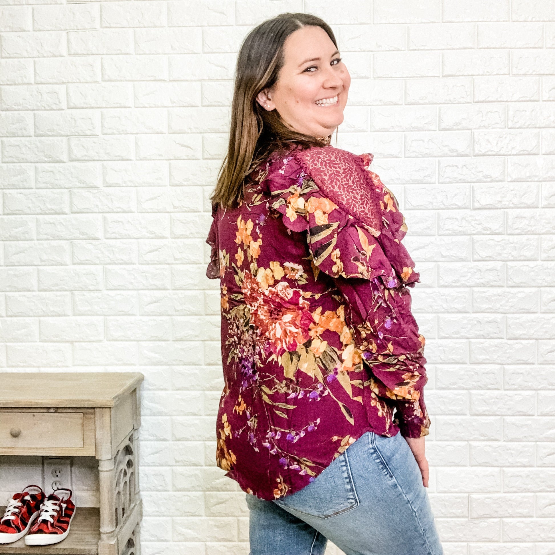 "On A Whim" Blouse with Lace Shoulder Detail