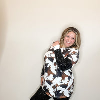 "On The Range" Long Sleeve Cowprint with Sequinned Sleeve-Lola Monroe Boutique
