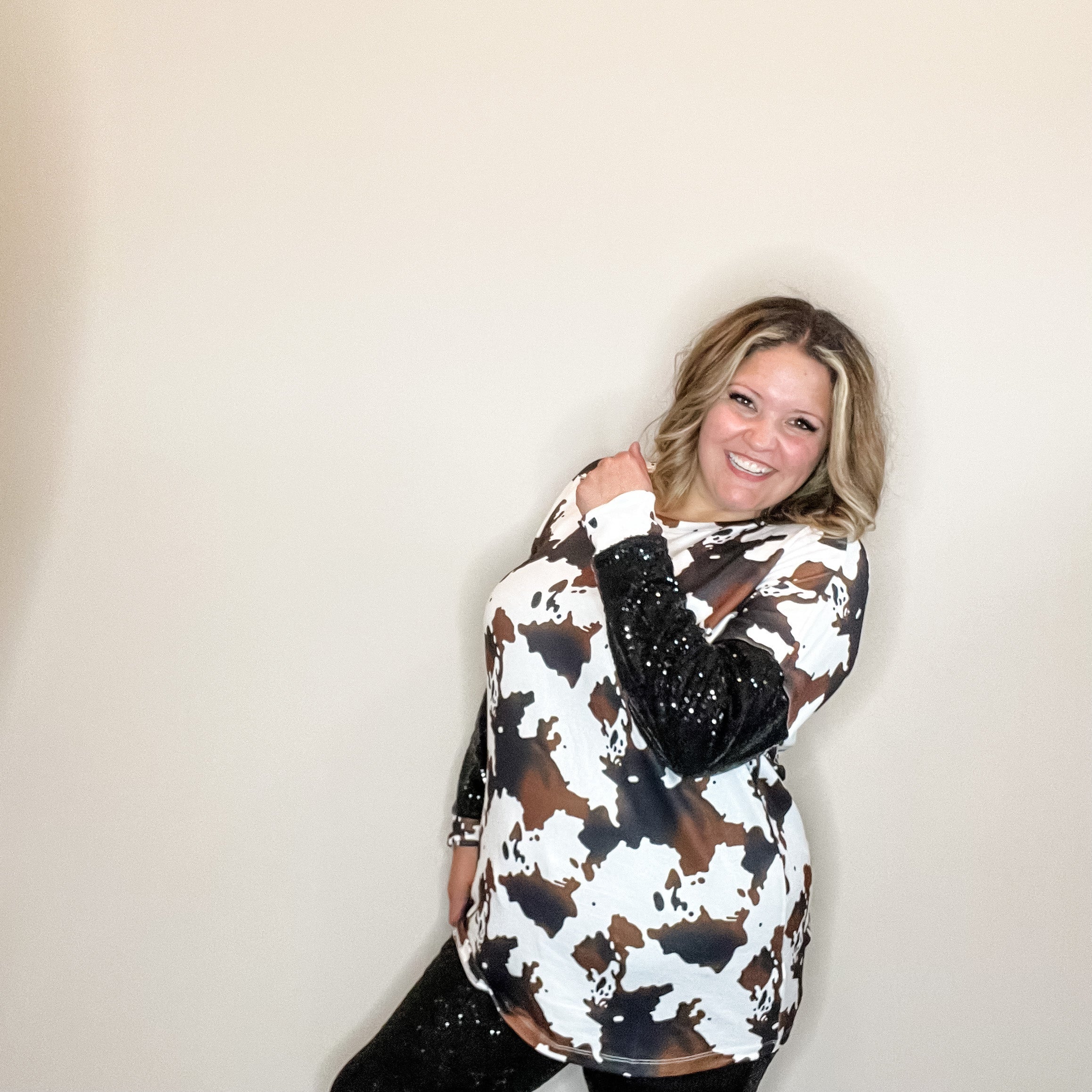 "On The Range" Long Sleeve Cowprint with Sequinned Sleeve-Lola Monroe Boutique