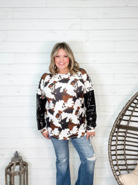 "On The Range" Long Sleeve Cowprint with Sequinned Sleeve-Lola Monroe Boutique