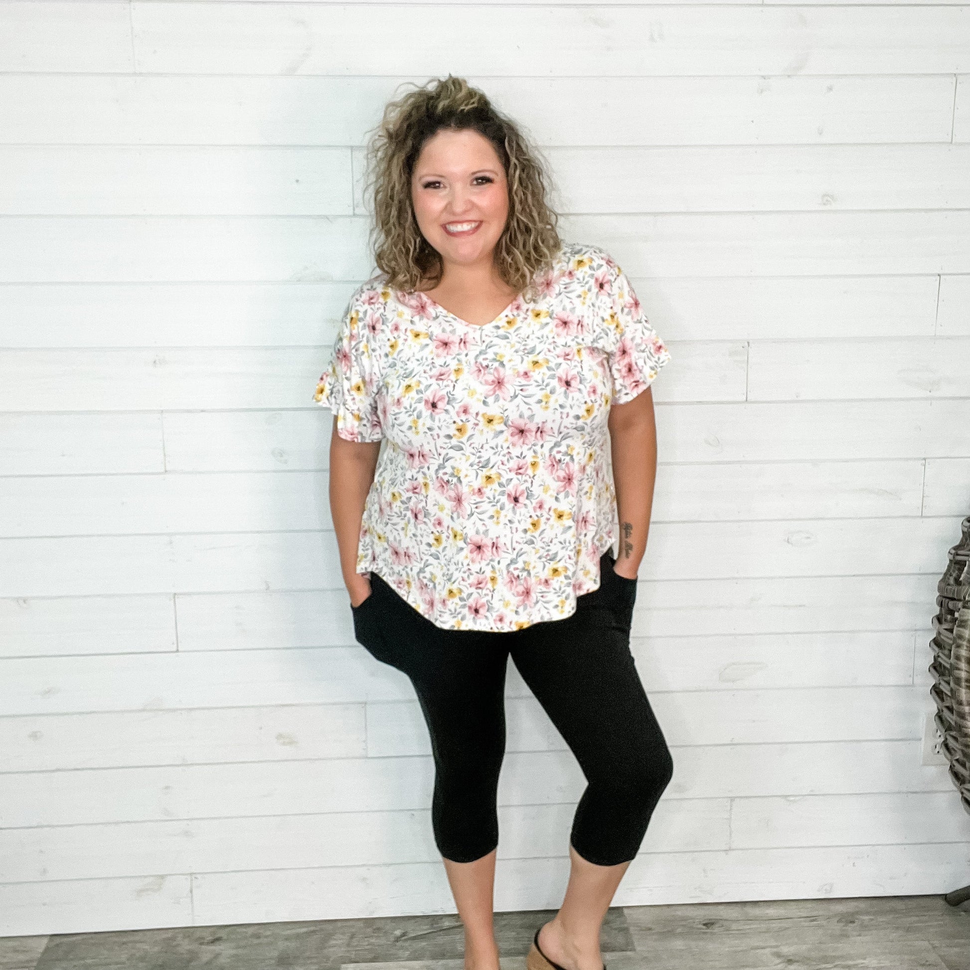 "Open Arms" Floral V Neck with Ruffle Sleeves