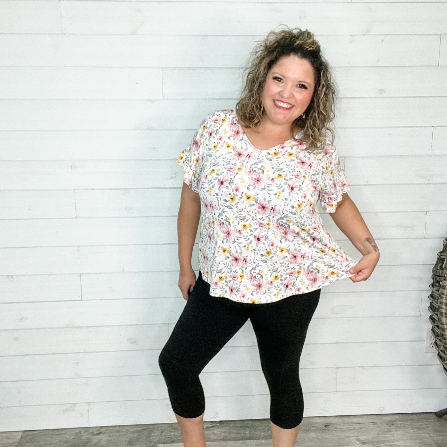 "Open Arms" Floral V Neck with Ruffle Sleeves