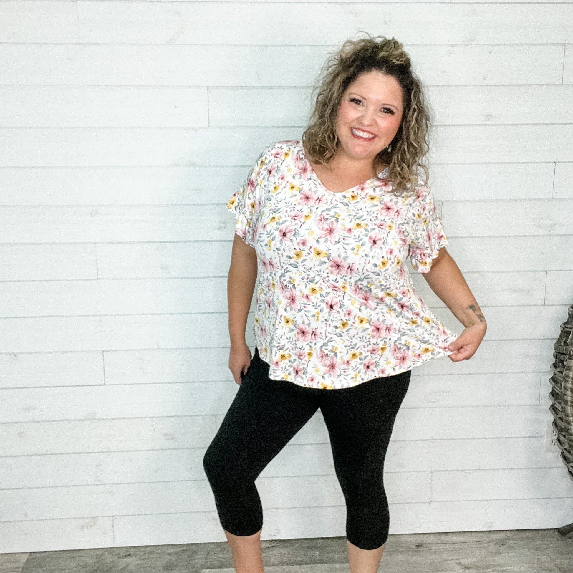 "Open Arms" Floral V Neck with Ruffle Sleeves