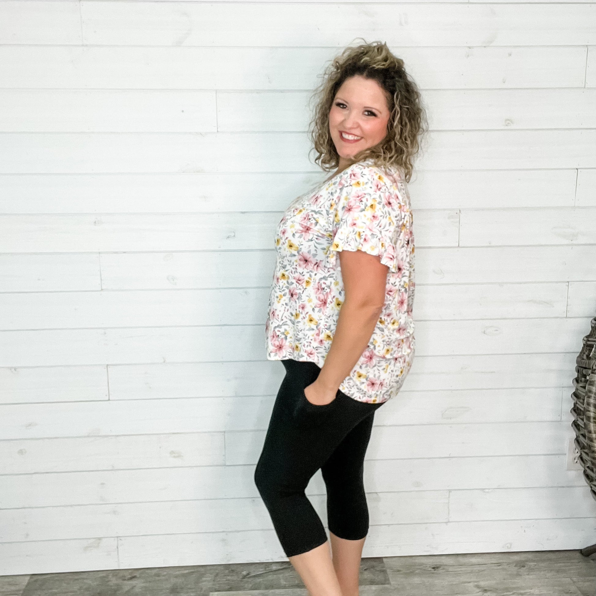"Open Arms" Floral V Neck with Ruffle Sleeves