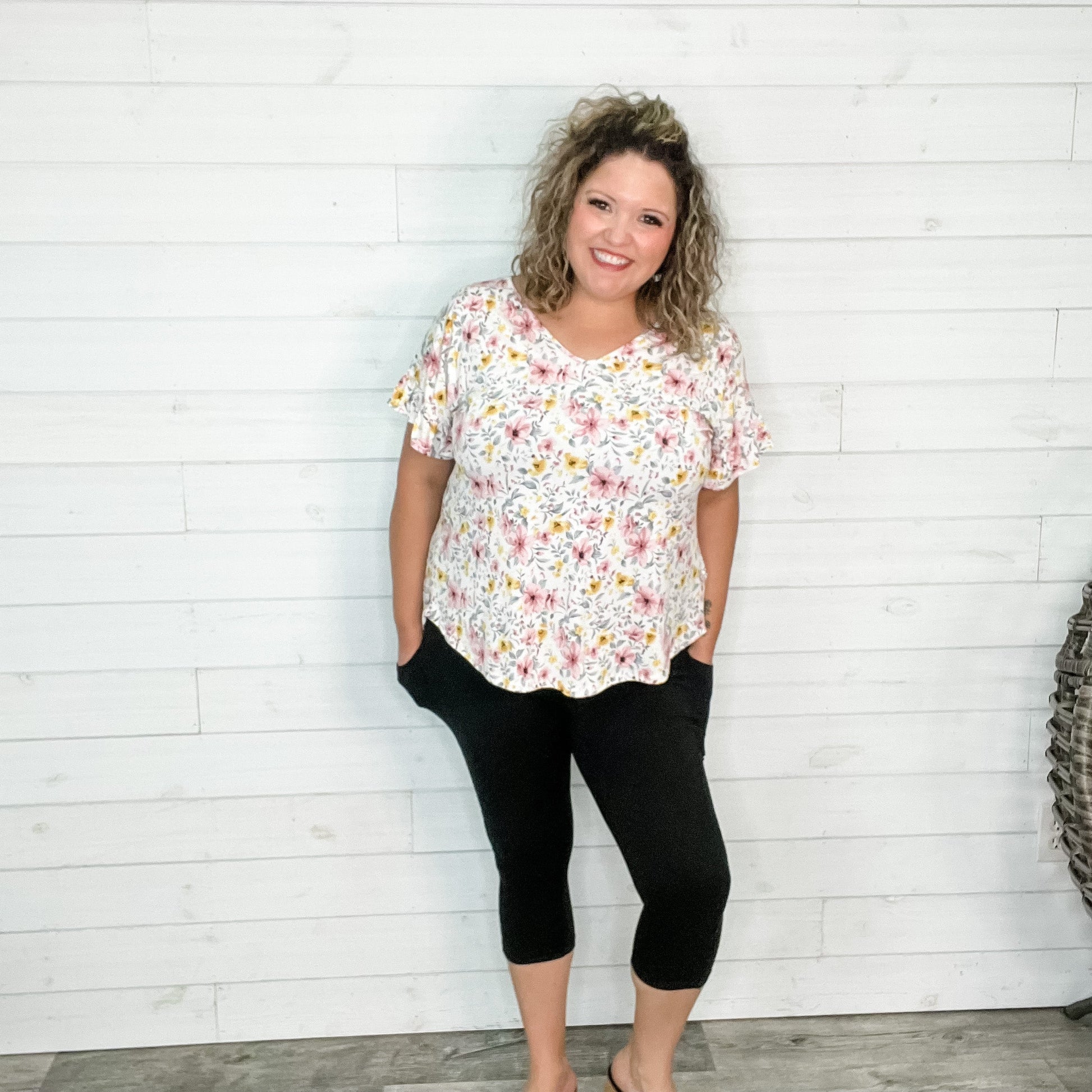 "Open Arms" Floral V Neck with Ruffle Sleeves