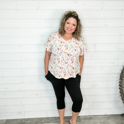 "Open Arms" Floral V Neck with Ruffle Sleeves
