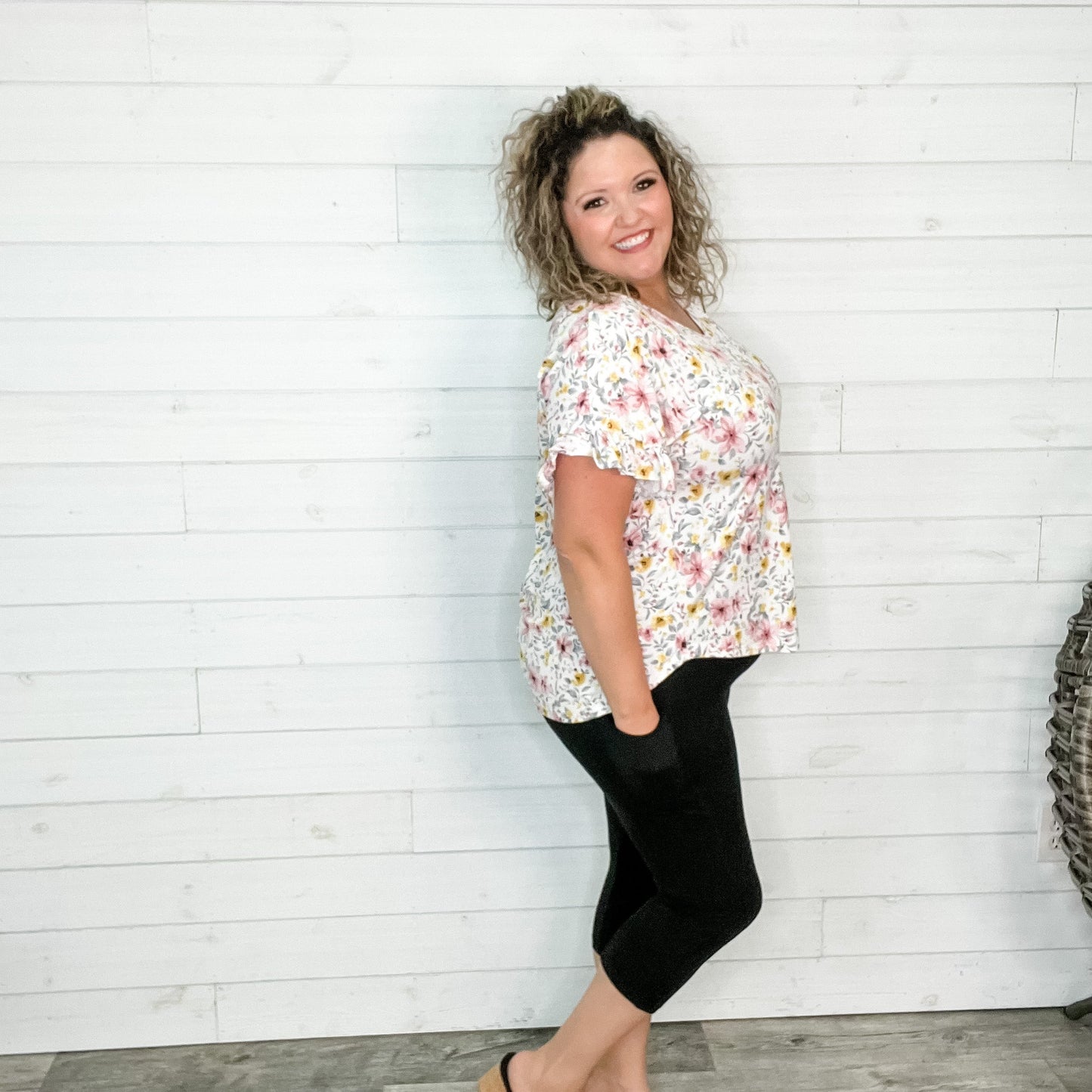 "Open Arms" Floral V Neck with Ruffle Sleeves