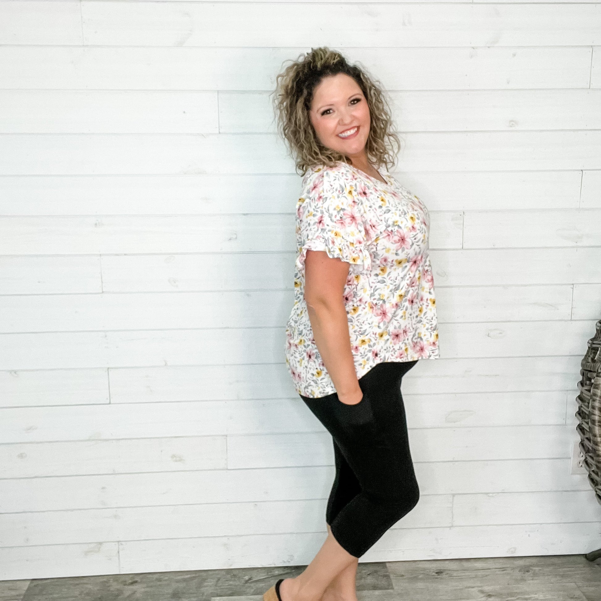 "Open Arms" Floral V Neck with Ruffle Sleeves
