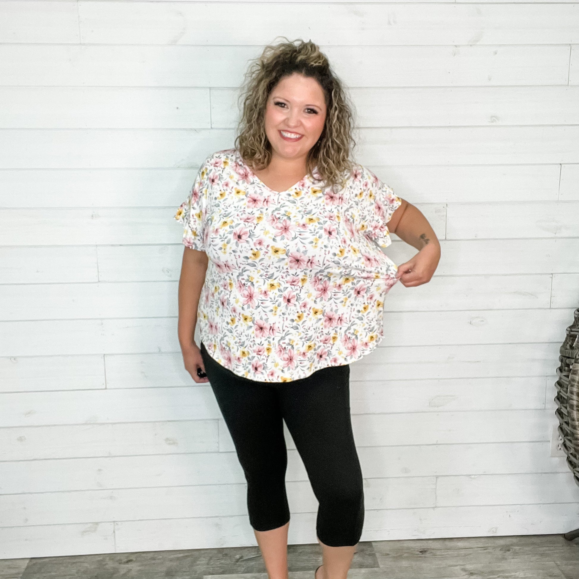 "Open Arms" Floral V Neck with Ruffle Sleeves