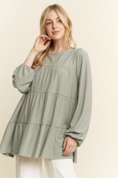 "Double Mint" Long SLeeve Swiss Dot Tiered Top