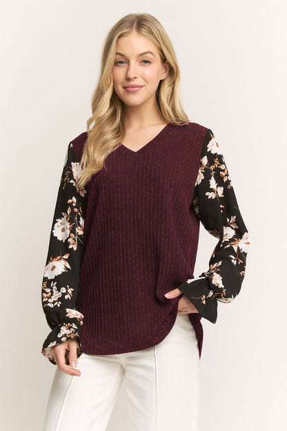 "Grateful" Ribbed Body Long Sleeve V Neck