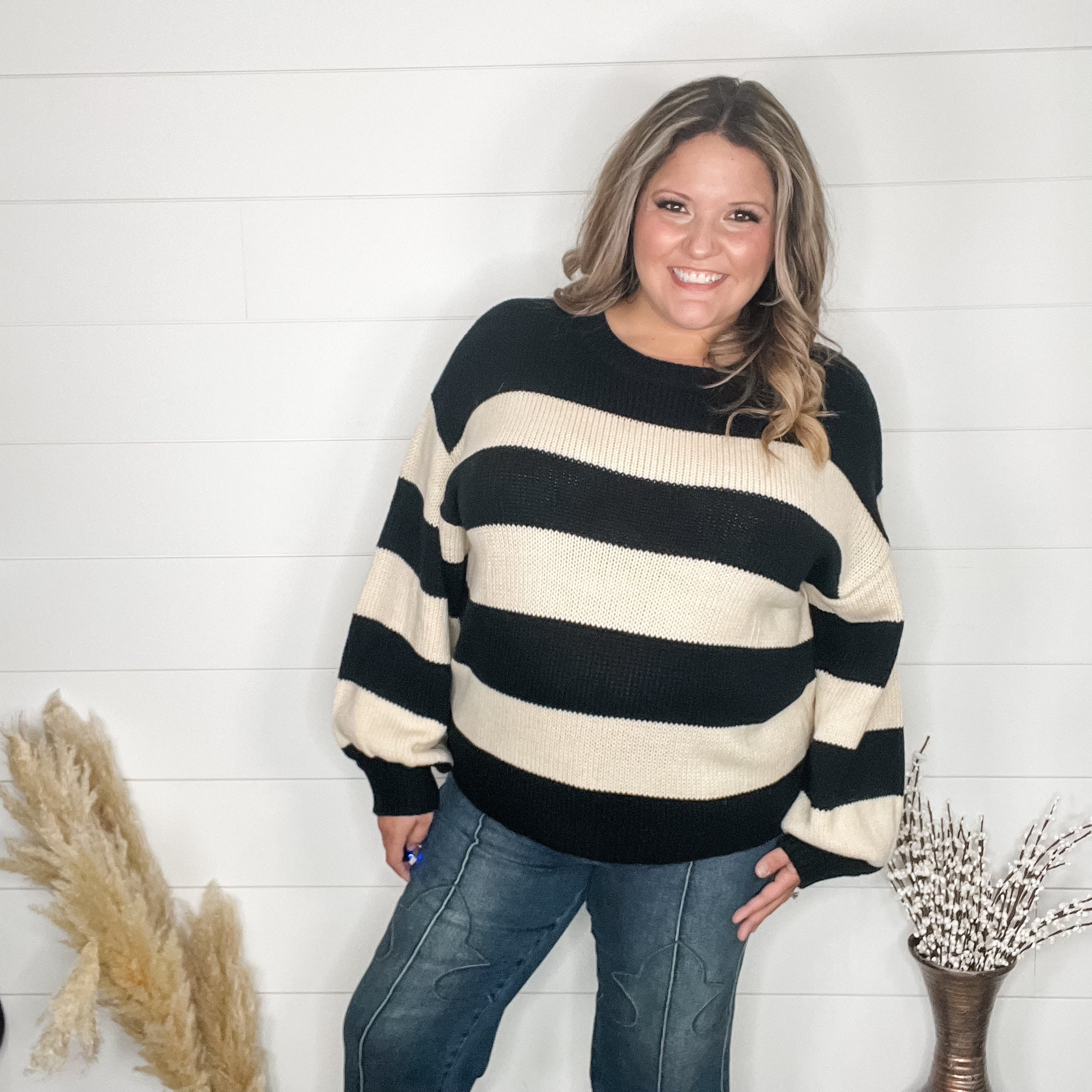 "Oreo" Long Sleeve Striped Crew Neck Sweater-Lola Monroe Boutique