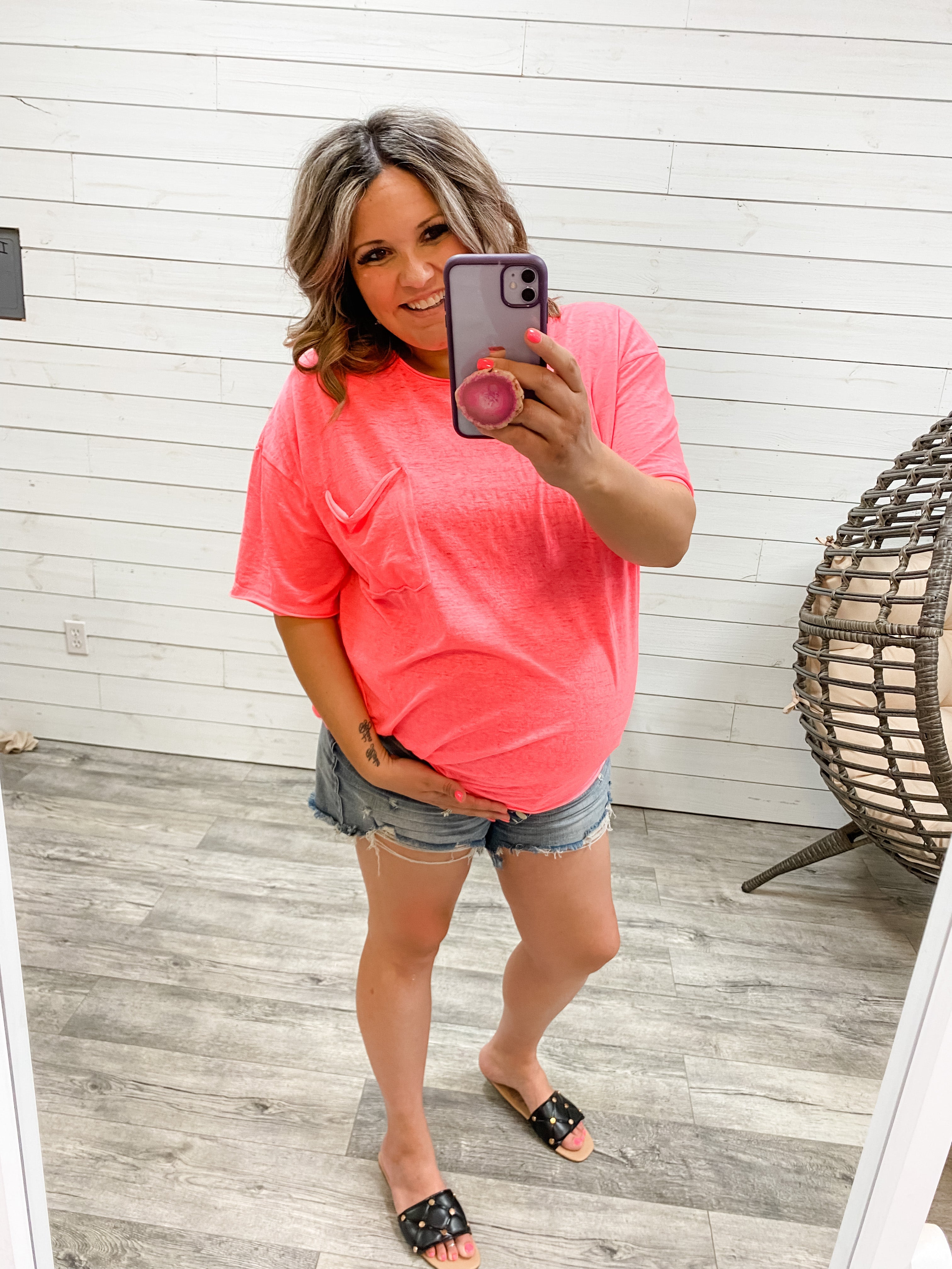 Oversized Burnout Raw Edge Tee (Neon Coral PInk)-Lola Monroe Boutique