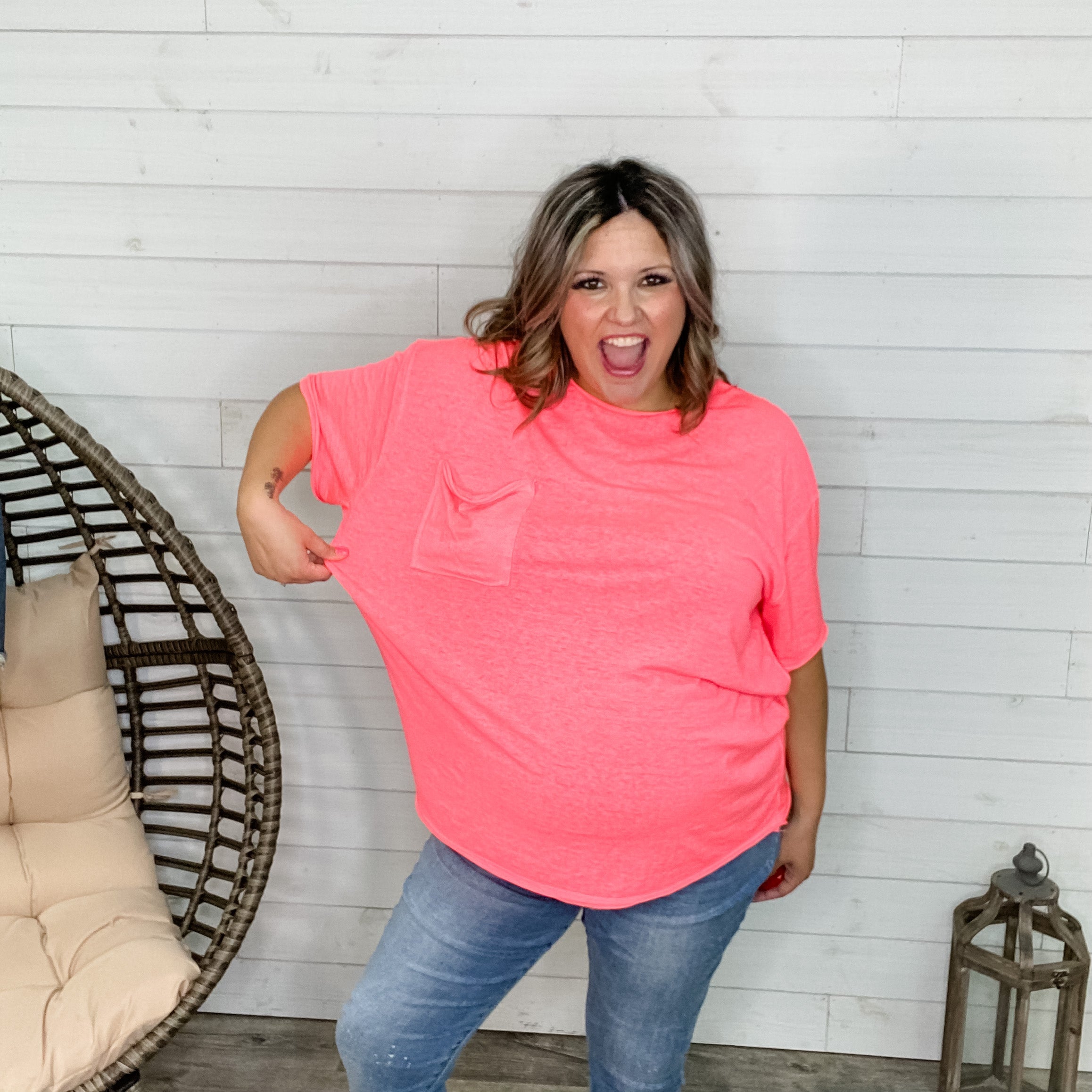 Oversized Burnout Raw Edge Tee (Neon Coral PInk)-Lola Monroe Boutique