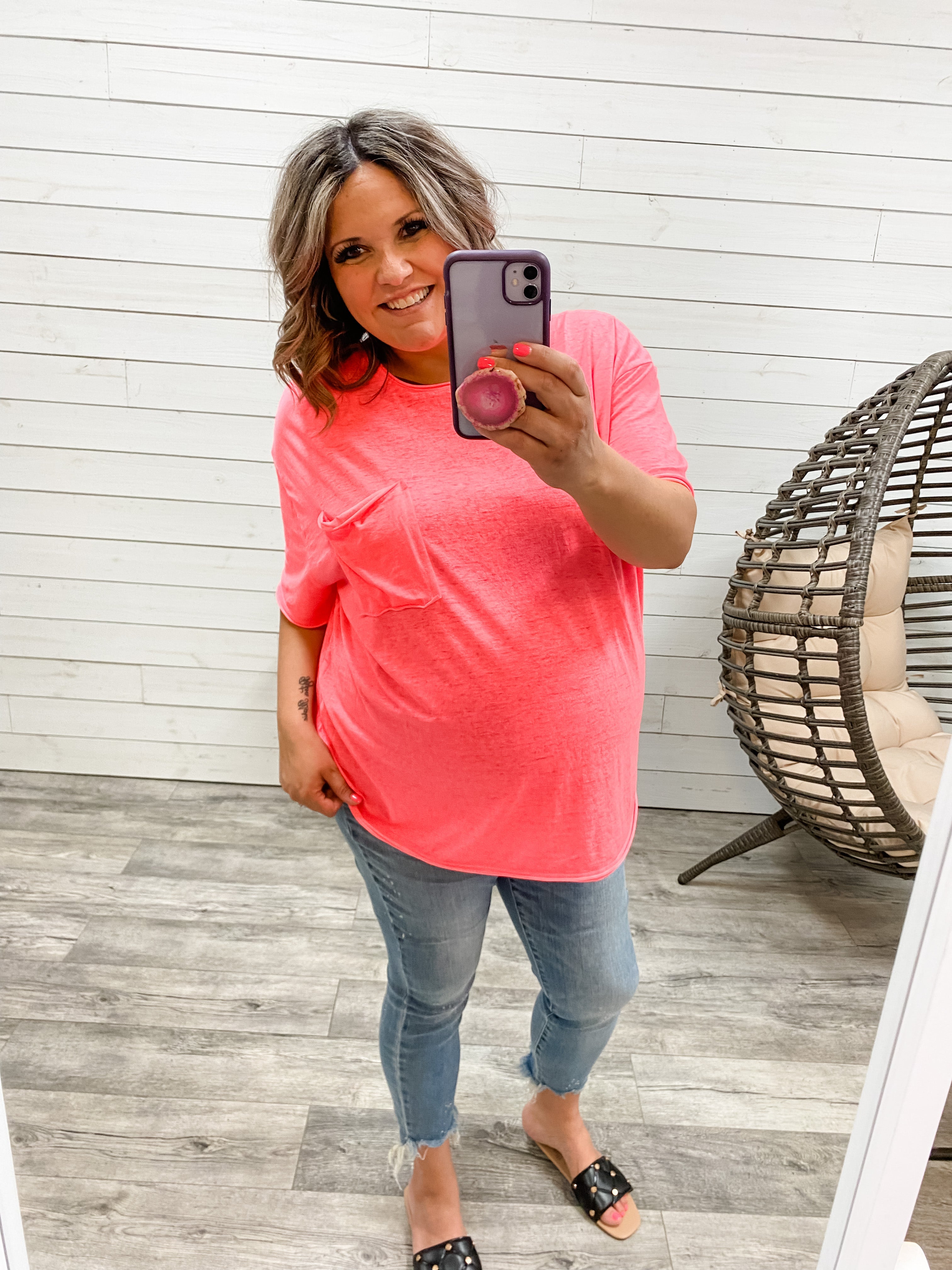 Oversized Burnout Raw Edge Tee (Neon Coral PInk)-Lola Monroe Boutique