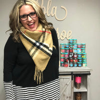 Oversized Square Tan Plaid Scarf with Knotted Fringe-Lola Monroe Boutique