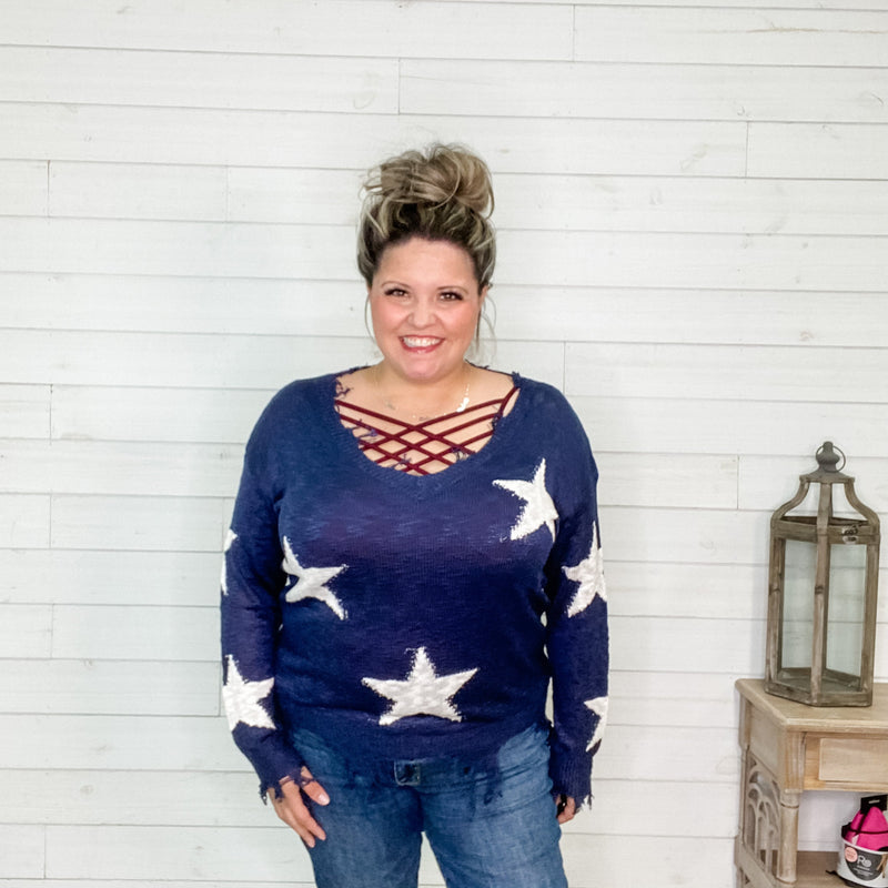 "Party All Night" Distressed Sweater (Navy)-Lola Monroe Boutique