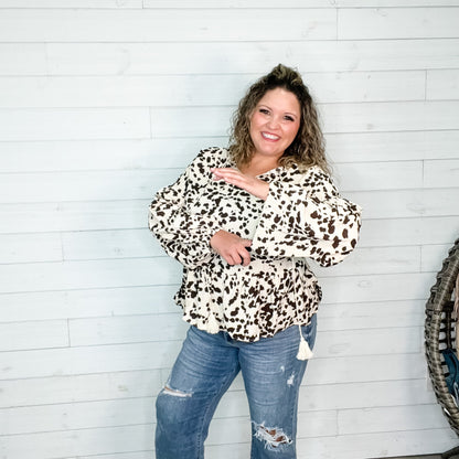 "Pasture" Animal Print Bubble Long Sleeve Peplum Top