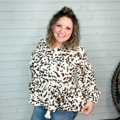 "Pasture" Animal Print Bubble Long Sleeve Peplum Top