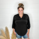 "Pearlie" Solid Color 3/4 Sleeve Split Neck (Black)-Lola Monroe Boutique