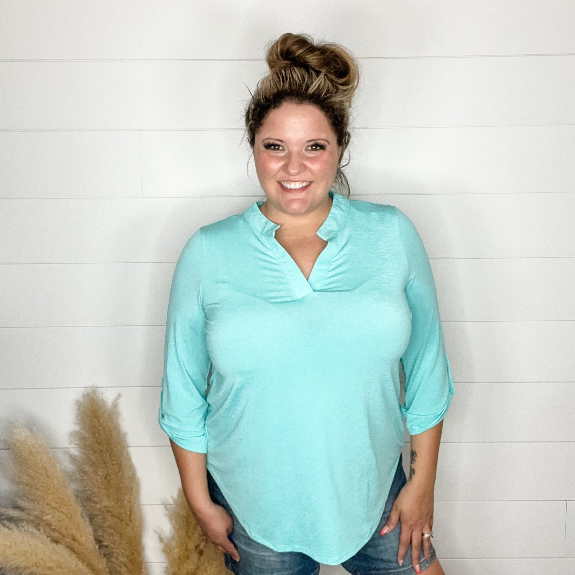 "Pearlie" Solid Color 3/4 Sleeve Split Neck (Neon Blue)