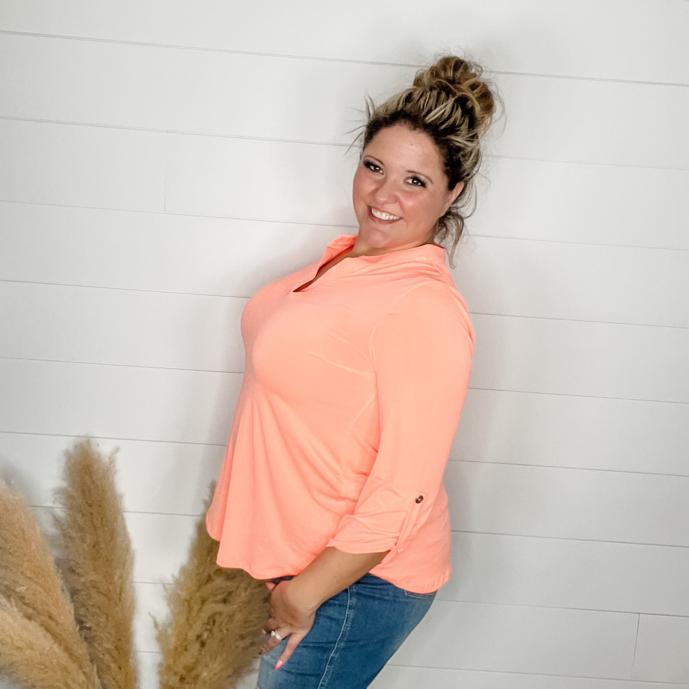 "Pearlie" Solid Color 3/4 Sleeve Split Neck (Neon Orange)-Lola Monroe Boutique