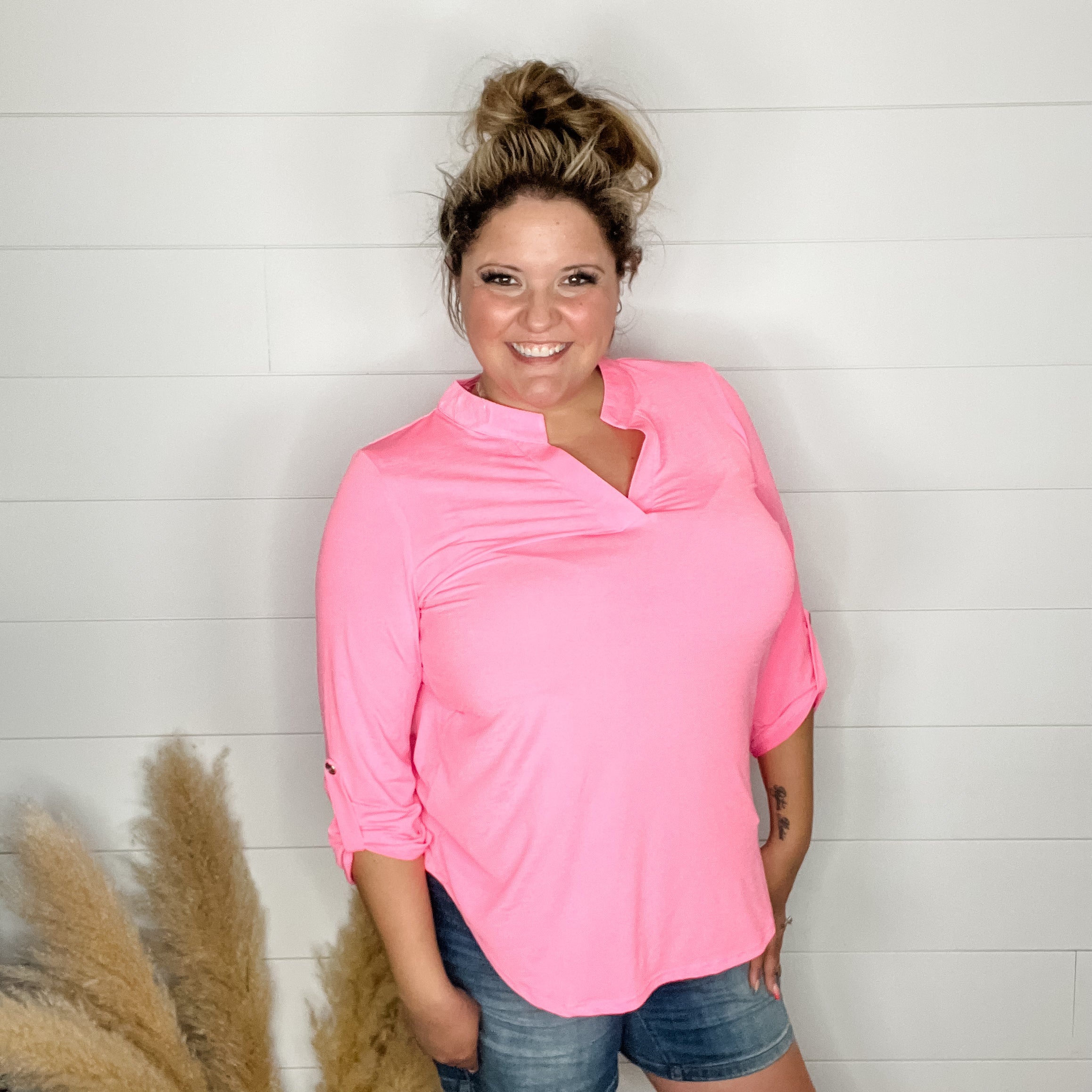 "Pearlie" Solid Color 3/4 Sleeve Split Neck (Neon Pink)-Lola Monroe Boutique