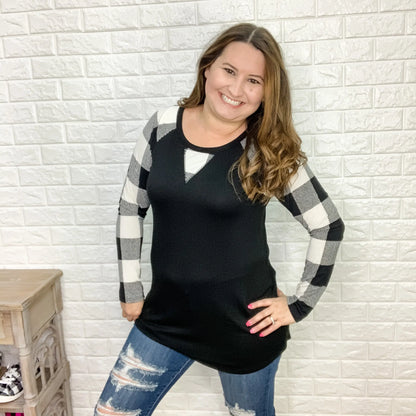 "Peeking Plaid" Long Sleeve Top (Black & White)