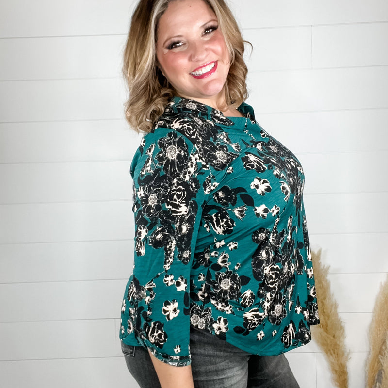 "Perry" Floral Lizzy 3/4 Sleeve Split Neck-Lola Monroe Boutique