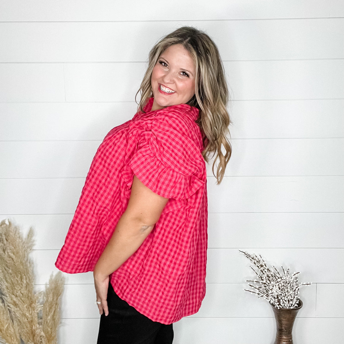 "Picnic Style" Ruffle Short Sleeve Button Up-Lola Monroe Boutique