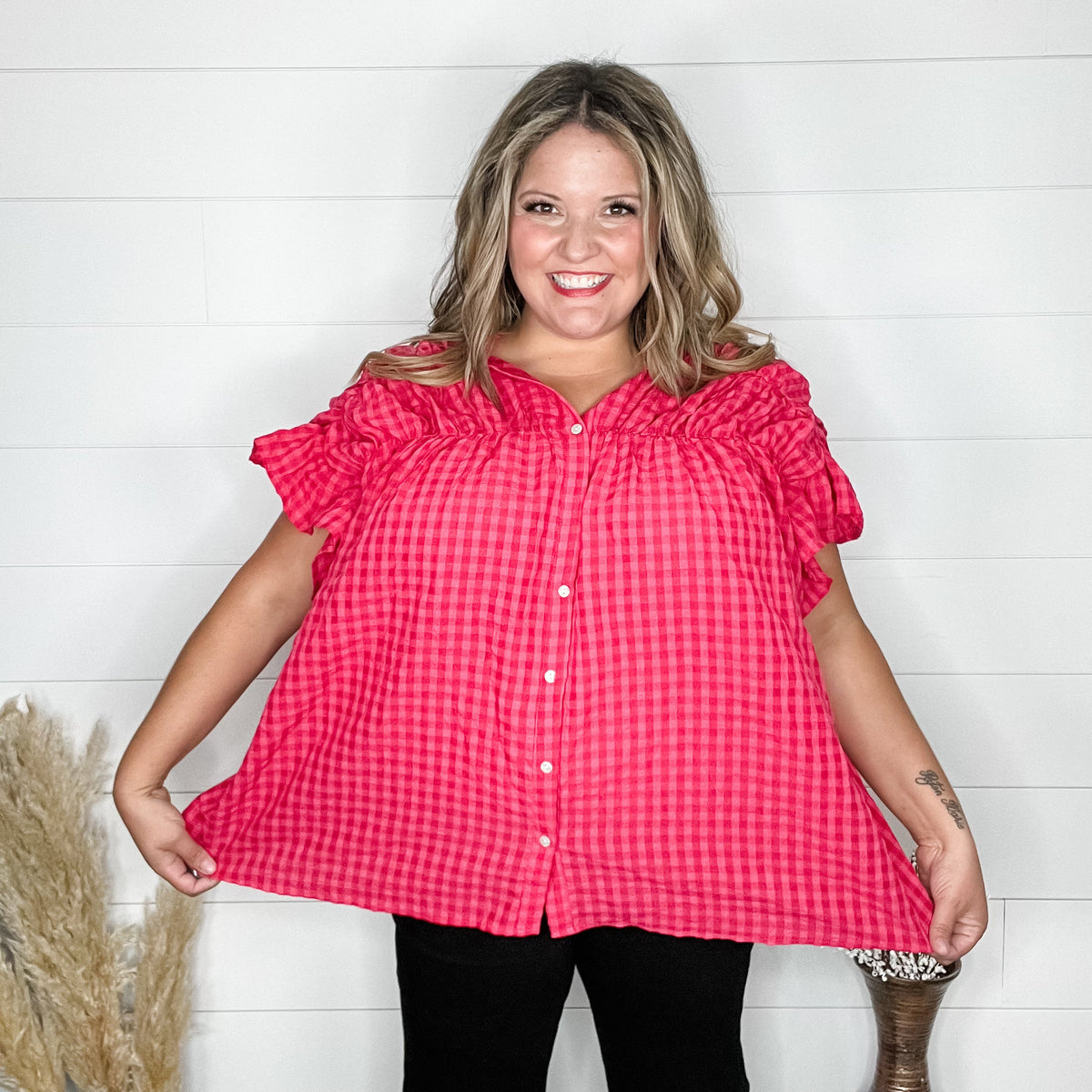 "Picnic Style" Ruffle Short Sleeve Button Up-Lola Monroe Boutique