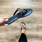 Designer Inspired Sandal (Navy Blue with Gold Design)-Lola Monroe Boutique