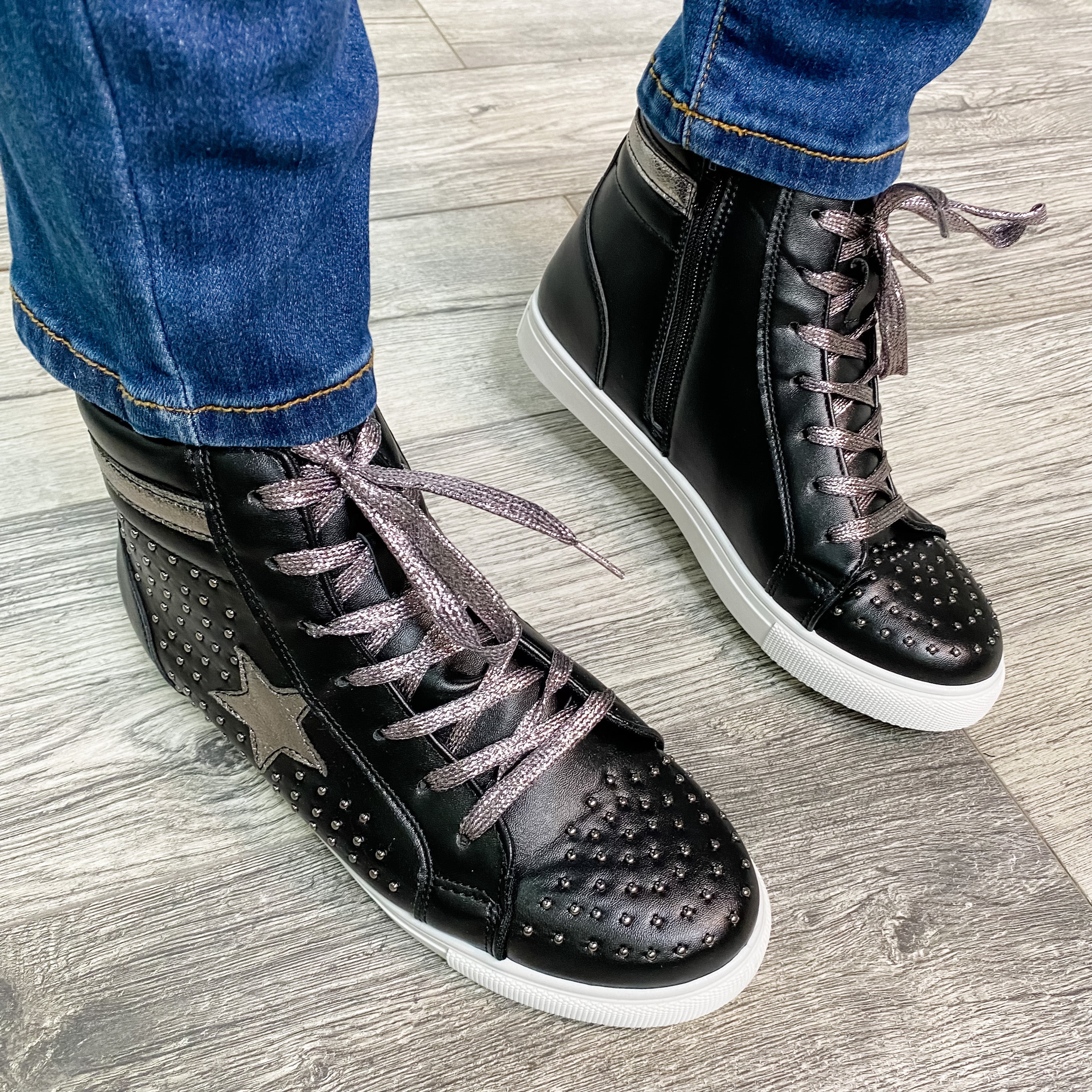 "Star Studded" High Top Side Zip Sneaker (Black and Pewter)-Lola Monroe Boutique