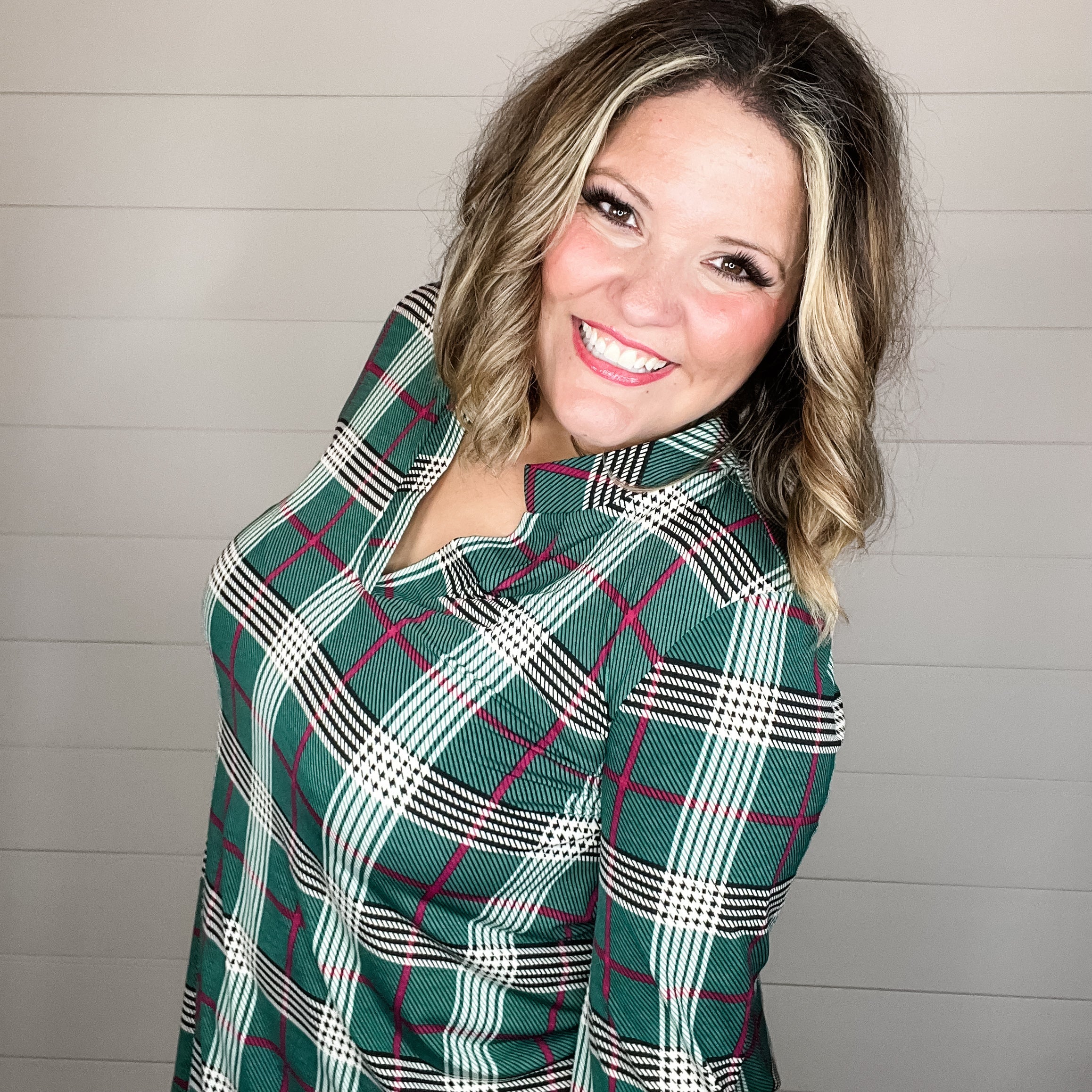 "Pinetop" Plaid Lizzy 3/4 Sleeve Split Neck-Lola Monroe Boutique