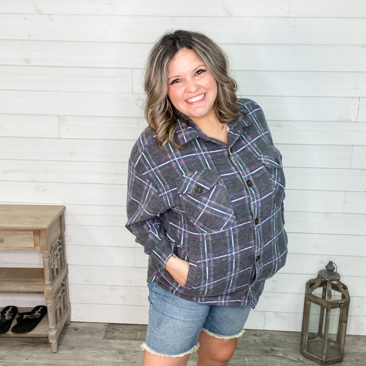 Plaid Oversized Shacket (Charcoal)-Lola Monroe Boutique