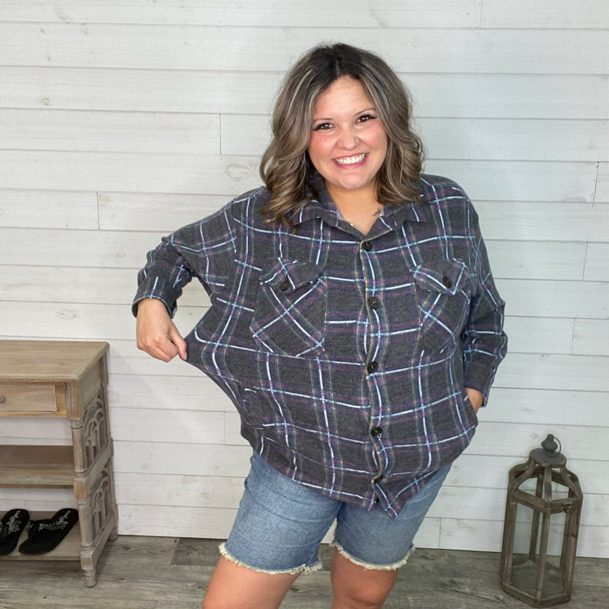 Plaid Oversized Shacket (Charcoal)-Lola Monroe Boutique