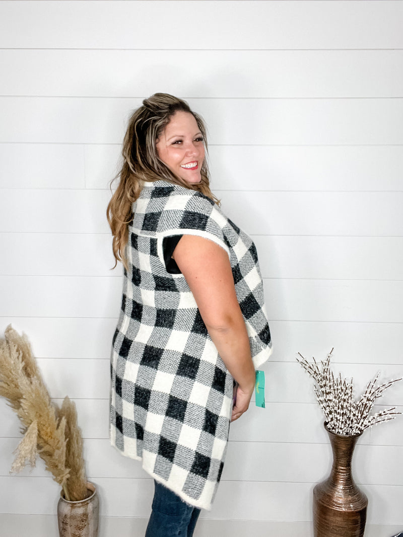 Plaid Oversized Sweater Vest (Black & White)-Lola Monroe Boutique