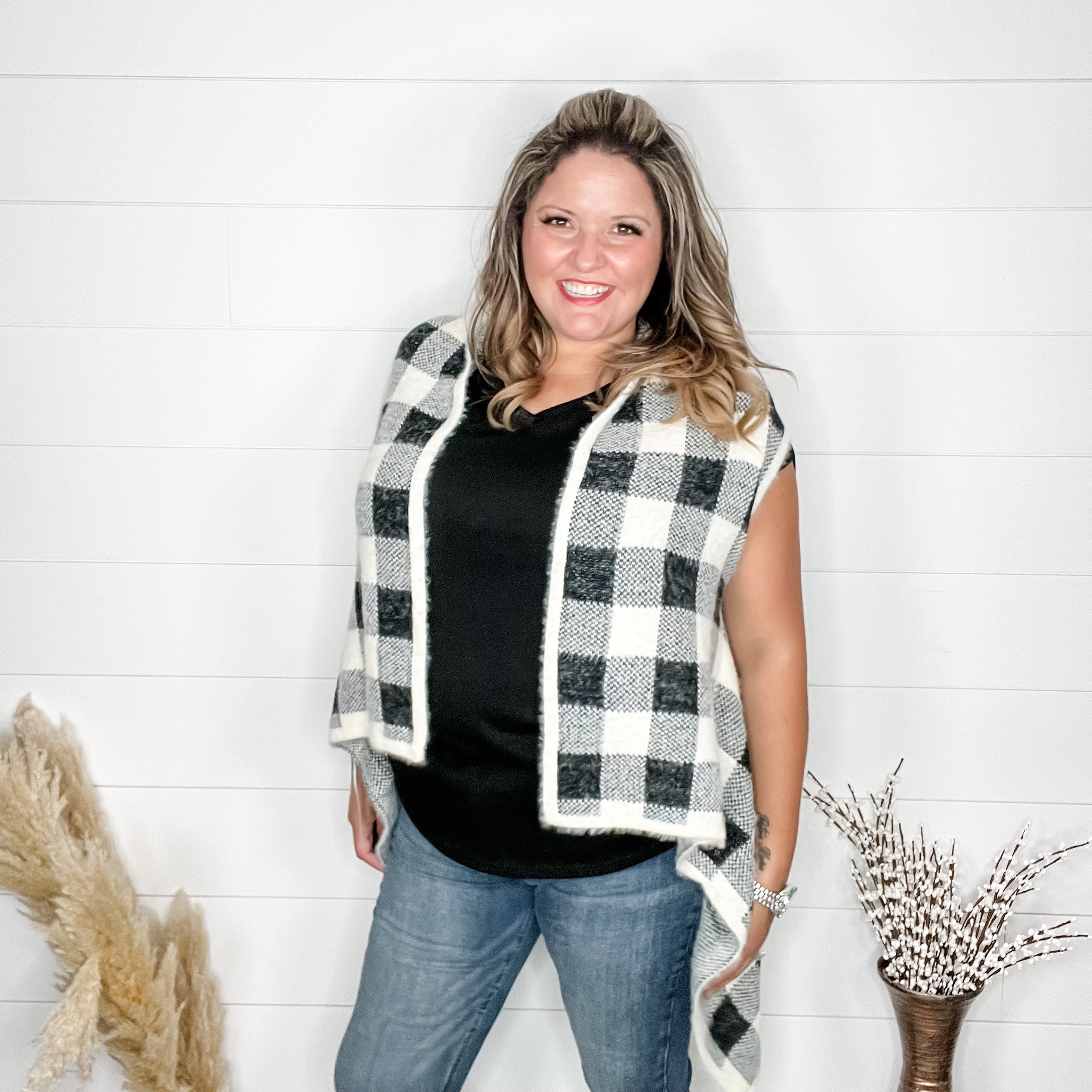 Plaid Oversized Sweater Vest (Black & White)-Lola Monroe Boutique