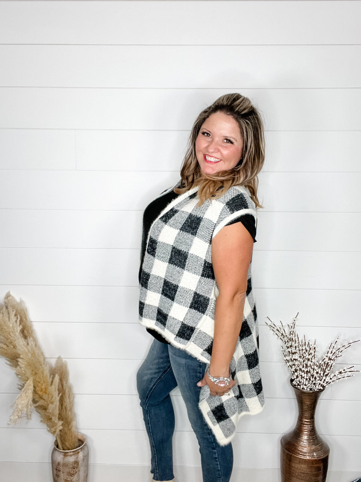 Plaid Oversized Sweater Vest (Black & White)-Lola Monroe Boutique